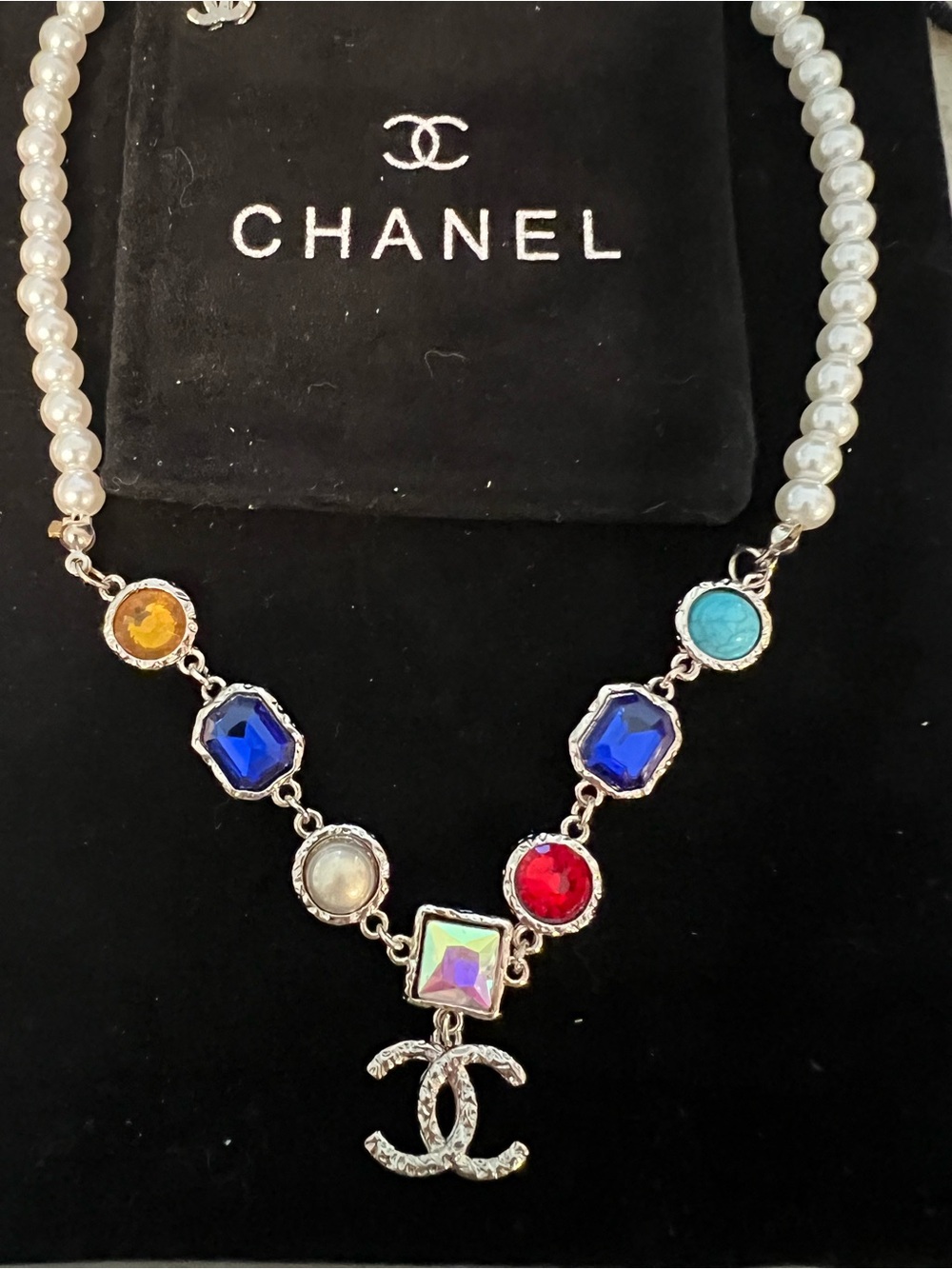 CHANEL Multicolor Crystal & Pearl CC Drop Necklace